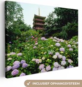 Canvas Schilderij Japanse tuin met hortensia - 80x60 cm - Wanddecoratie