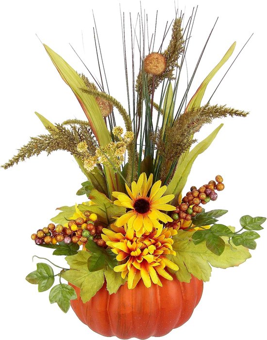 Arrangement avec des fleurs artificielles Dahlia baies herbes en citrouille  fleurs... | bol