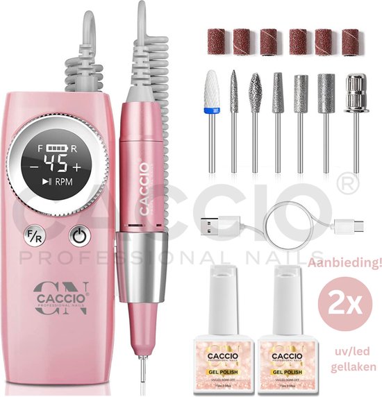 Foto: 45000 rpm wireless nagelfrees roze draadloze nagelfrees krachtig electrische nagelvijl inclusief 7 bitjes en 2x15ml uv led gellakken manicure pedicure voeten en handen acrylnagels gelnagels nagels nail drill machine professioneel