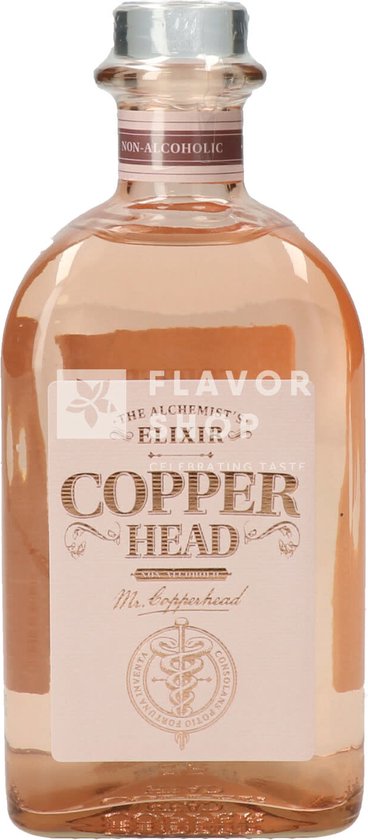 Transparante fles met roze vloeistof. Label met 'The Alchemist's Elixir Copper Head' en 'NON-ALCOHOLIC'.