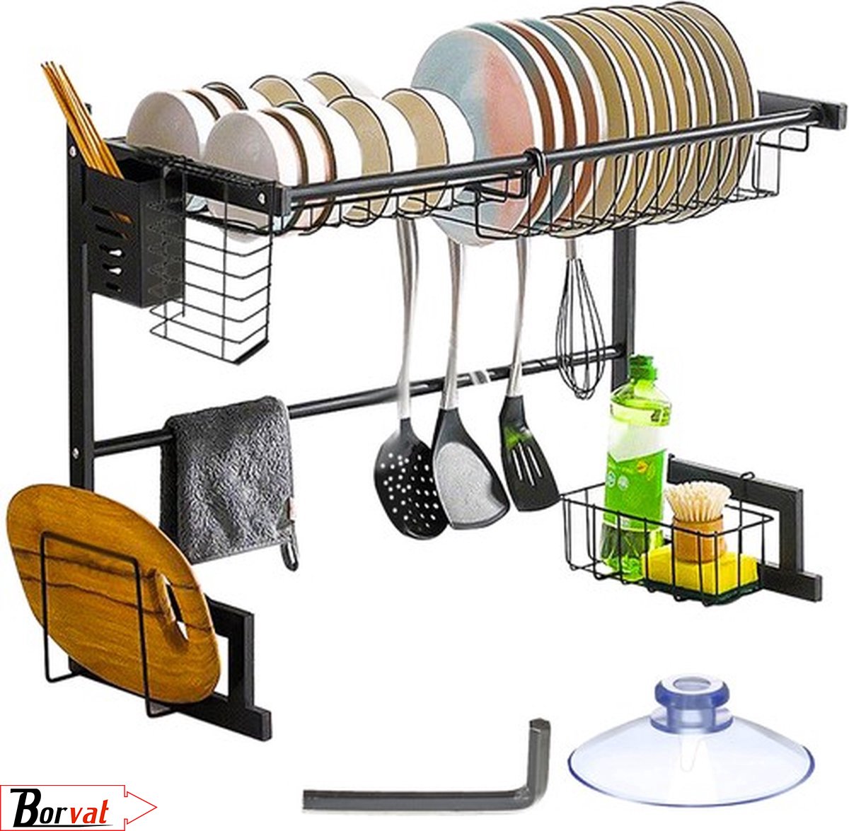 Goedkoopste Borvat® - Verstelbare Afdruiprek Staal - Vaatwasrek - Keukenrek - Zwart