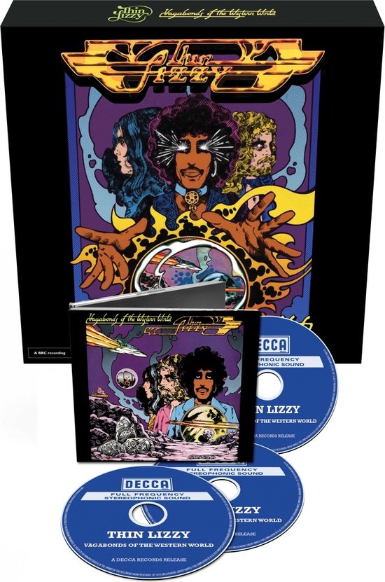 Een 50-jarig jubileumeditie van Thin Lizzy's 'Vagabonds of the Western World' in 3CD en Blu-Ray formaat, in een zwarte doos met de albumhoes.