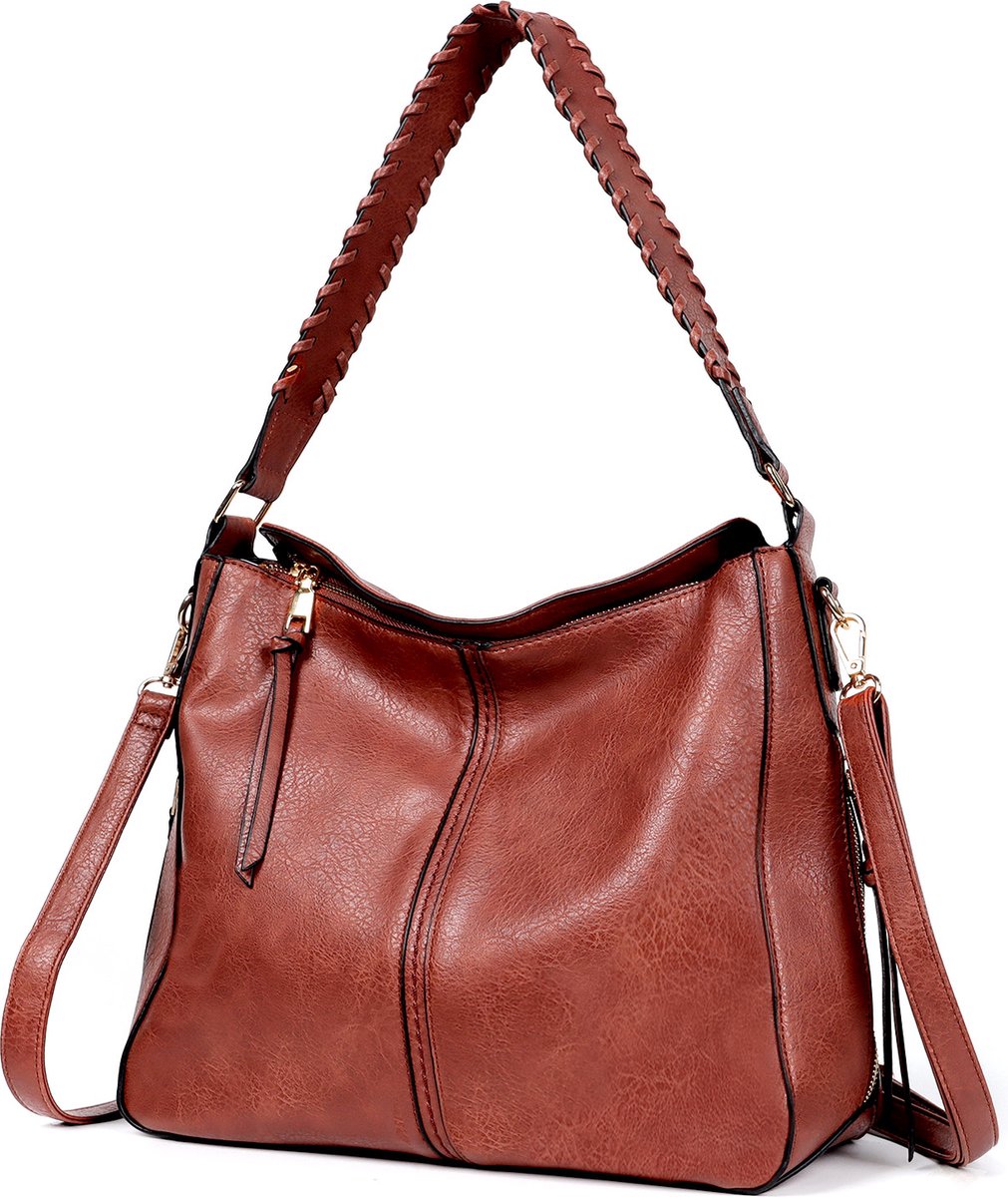 TAN.TOMI Handtas, Dames Handtassen, Grote Shopper met rits, Schooltas - Shoudertas - Bruin