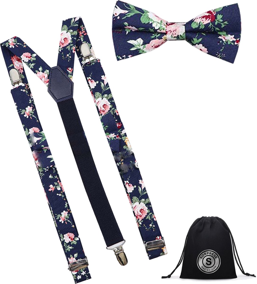 Sorprese Luxe bretels inclusief vlinderdas - Gebloemd - Donkerblauw/Roze - met stevige clip - strik - strikje - heren - unisex - giftset