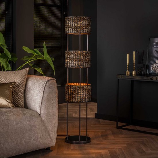 Landelijke vloerlamp Tower Waterhyacint | 3 lichts | bruin / zwart | hout / metaal | Ø 31 cm | 149 cm hoog | vloerlamp / staande lamp | dimbaar | modern / sfeervol design