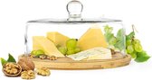 Sendez Glazen bel met snijplank, 28 cm, kaasbel, glazen kap, taartstolp, van hout en glas