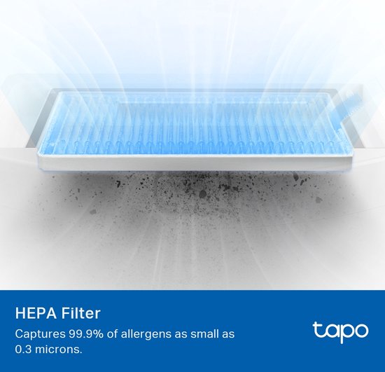 Een HEPA-filter met blauwe luchtstromen die erop wijzen dat het allergenen opvangt.