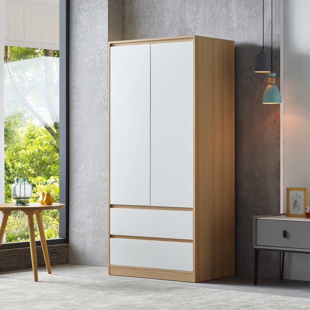 en.casa Kledingkast Bastheim 176x80x52 cm met 2 lades eiken en wit