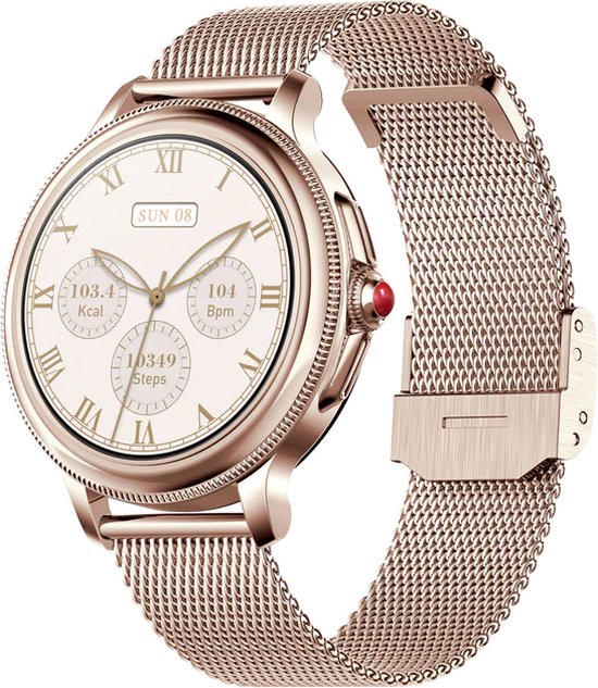 Valante EliteX Smartwatch - Smartwatch Dames - Rosé goud staal - 40 mm - Stappenteller - Hartslagmeter- Saturatiemeter - Bellen via Bluetooth