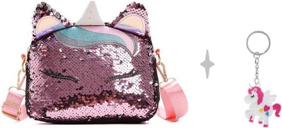 Foto: Miniiyou meisjes crossbodytas roze unicorn eenhoorn schoudertas pailletten sleutelhanger