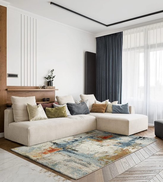the carpet Monde Modern Design Woonkamerkleed, Zacht Kortpolig, Opvallend, Abstract, Kleurrijk, Crème, Blauw, 80x150 cm