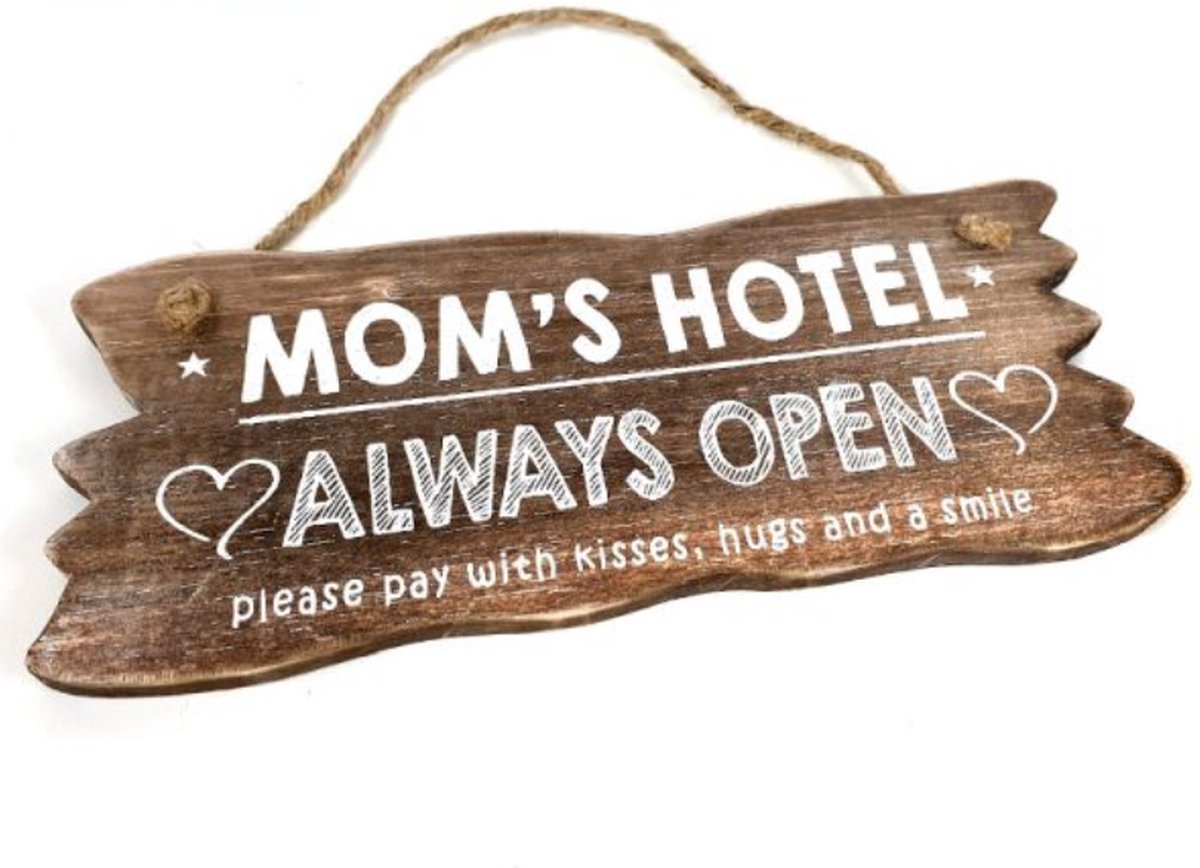BonTon - Houten Tekstplank / Tekstbord 12 x 30 cm "Mom's Hotel....Always Open" - Kleur Naturel