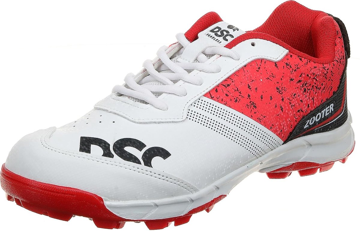 DSC Zooter Cricket Shoe for Mens and Boys ( White-Red, Size EURO 42 ) Material-Canvas, Aluminium, Plastic, Faux leather | Lightweight Outsole | Toe & Heel Protection | Highly Durable