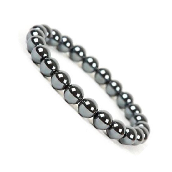 Grijze hematit edelsteen armband met gepolijste, ronde kralen.
