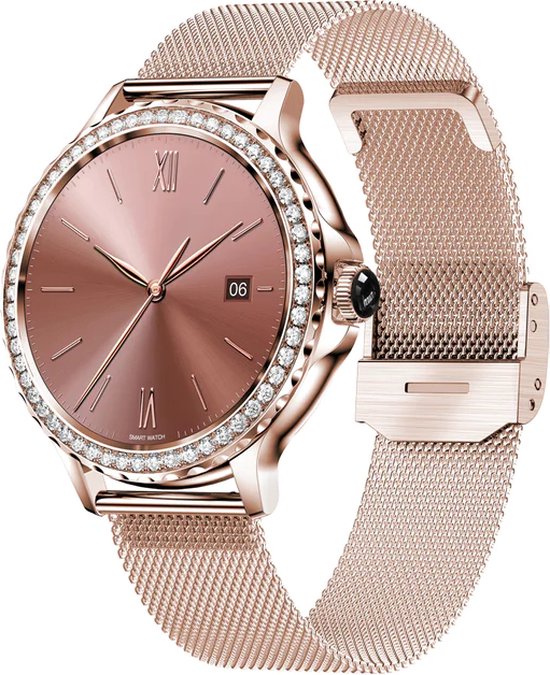 Valante ProX Smartwatch - Smartwatch Dames - Rosé goud staal - 44 mm - Stappenteller - Hartslagmeter - Bloeddrukmeter - Bellen via Bluetooth