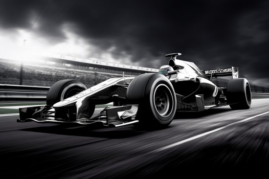 Zwart-wit close-up van een F1 raceauto op hoge snelheid, met dramatische lucht.