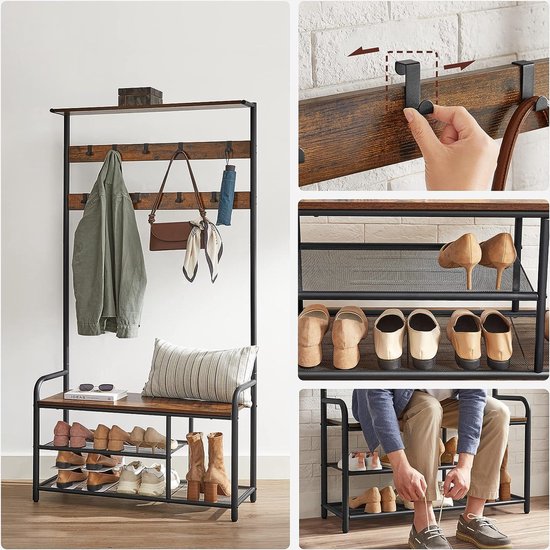 HOMCOM Entree garderobekast 2-in-1 industrieel design, kapstok en schoenenrek van staal, 92,5 x 28,2 x 182 cm, zwart