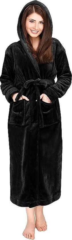 Badjas fleece maat - L - kleur – zwart – capuchon- dames