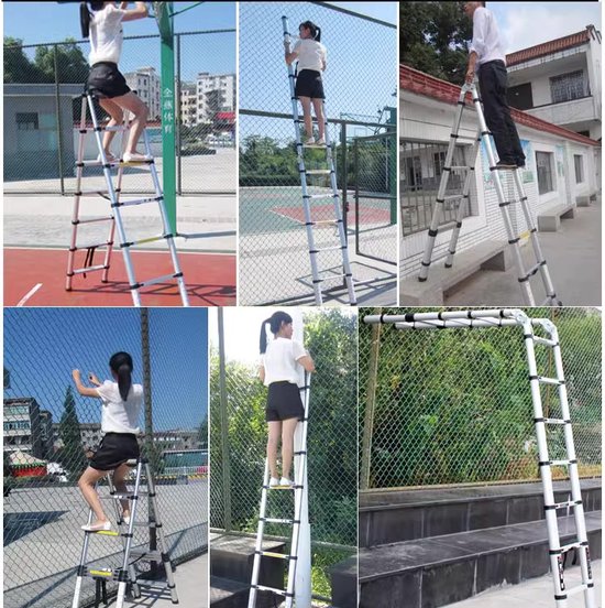 STANEW Telescopische Ladder 5m, Uitschuifbare Ladder van Aluminium met 2 afneembare haken en balansbalk, Belastbaar tot 150 kg