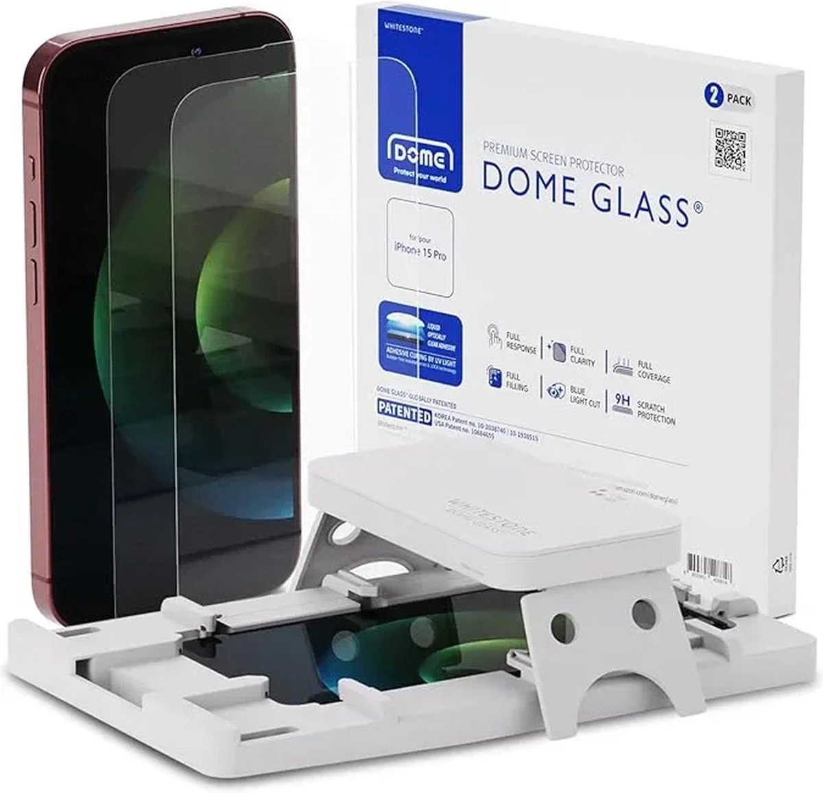 Whitestone Dome Glass Geschikt voor Apple iPhone 15 Pro - Tempered Glass Screen Protector - Full Cover - UV-Licht en Jig - Duo Pack