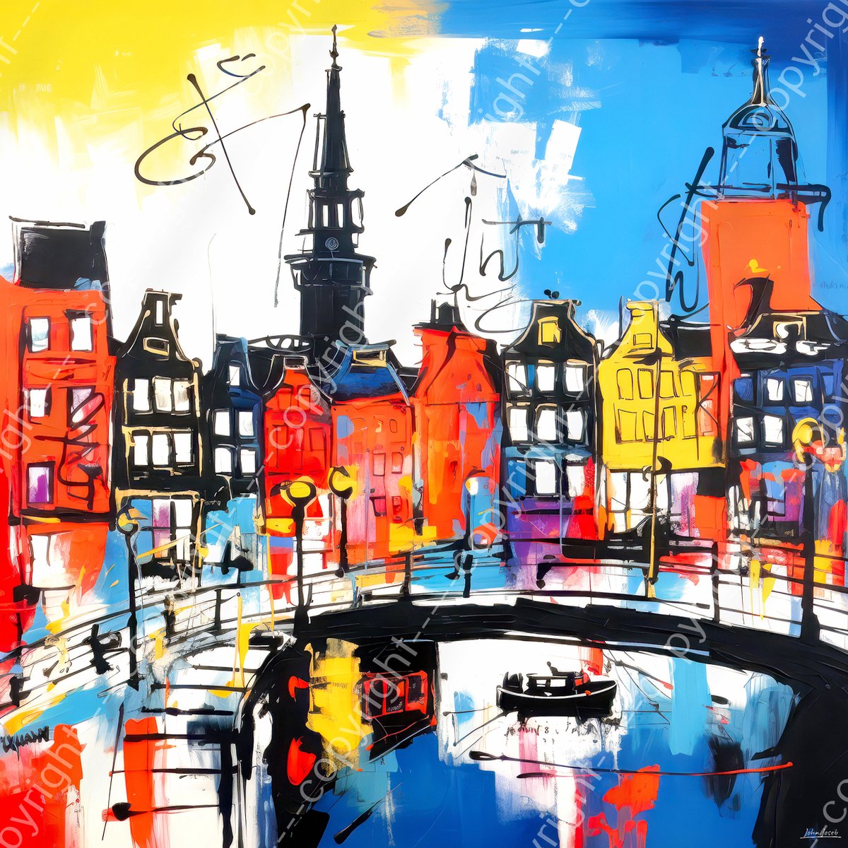 John Joseb Art (Canvas) 100x100 | Amsterdam in Herman Brood stijl, abstract, kunst, kleurrijk, felle kleuren | stad, brug, gracht, Nederland, blauw, rood, zwart, geel, wit, vierkant, modern | Foto-Schilderij canvas print (wanddecoratie)
