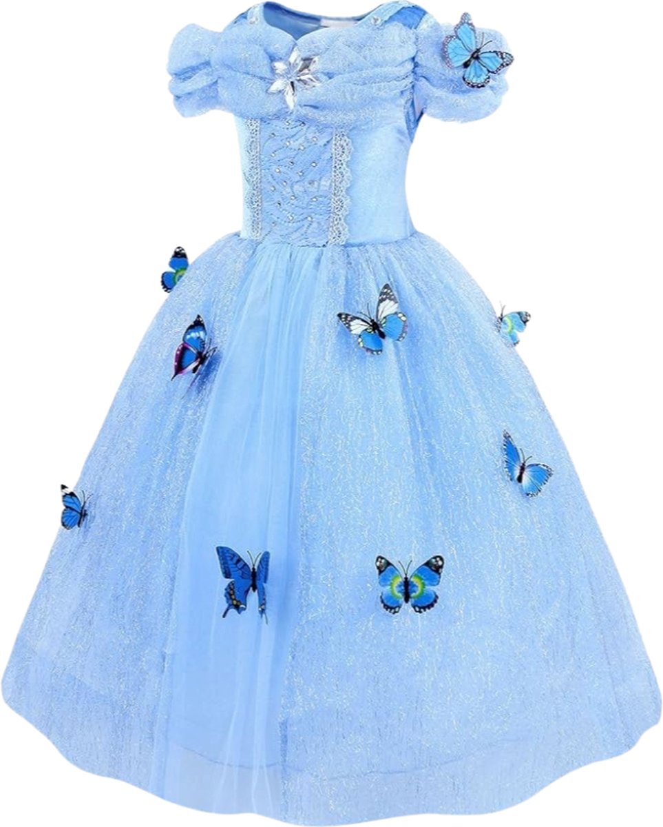 Prinsessenjurk meisje - Blauwe jurk met vlinders - Het Betere Merk - Verkleedkleding meisje - Kroon, toverstaf, vlecht & handschoenen — afbeelding 9