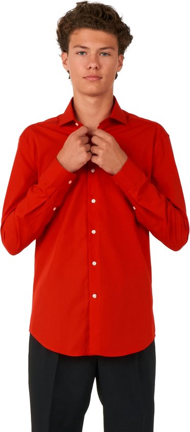 OppoSuits SHIRT LS Red Devil Tiener - Jongens Overhemd - Effengekleurd - Rood - Maat: EU 170/176 - 16 Jaar