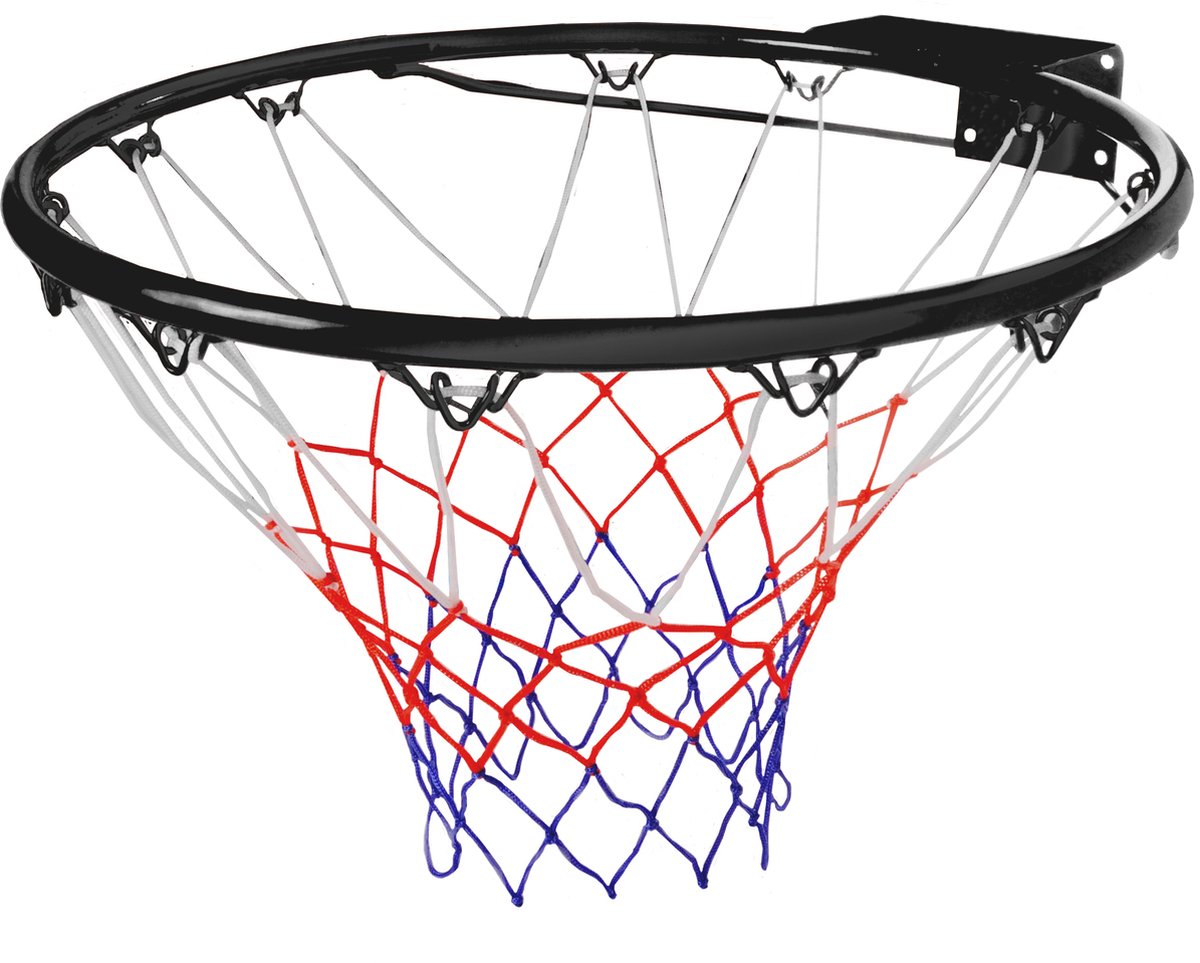 Basketbalring Zwart – Inclusief Netje Rood/Wit/Blauw – Wandbevestiging – Diameter Ø 46 cm – Recreatieve Basketbalring – Indoor & Outdoor Gebruik – Engelhart