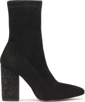 Black boots with rhinestone-embellished heel