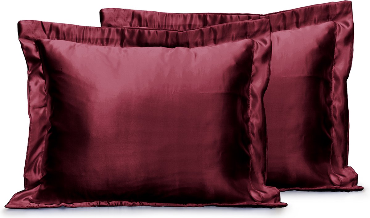 Eleganzzz Skin Care Kapselsloop - Satijnen Kussensloop - Bordeaux - Kussenslopen 60x70cm Set van 2 - Oxford Rand - Beauty Kapselsloop