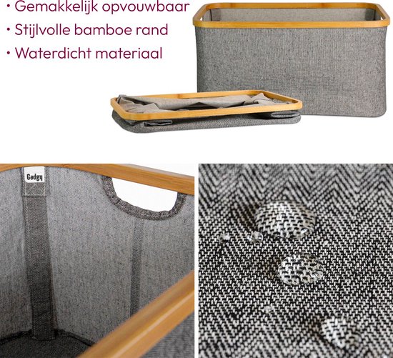 Grijze wasmand met bamboe rand, opvouwbaar, waterdicht materiaal.