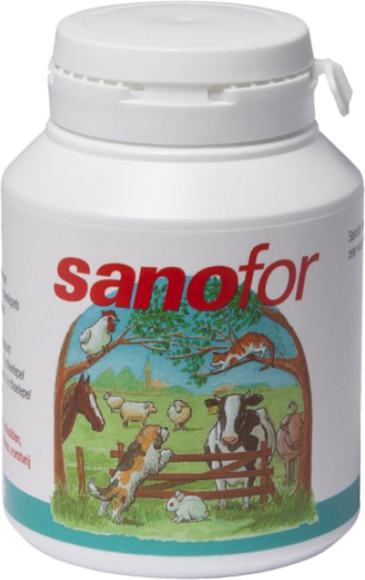 Witte pot met 'sano for' logo en tekening van boerderijdieren.