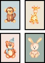 Poster Singe, Ours, Lapin et Girafe - Poster chambre enfant - Poster Animaux Chambre de bébé - Poster animaux - Décoration chambre enfant - 21x30 cm - A4 - Hors cadres - WALLLL