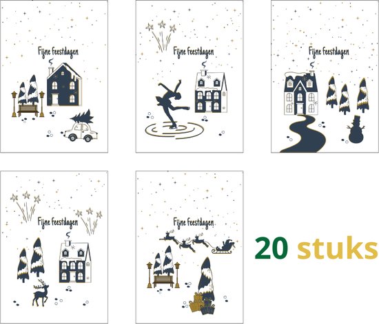 Moderne set kerstkaarten (A6) - kerstkaarten - 20 kaarten per set - 20 stuks - feestdagenkaarten - 5 motieven