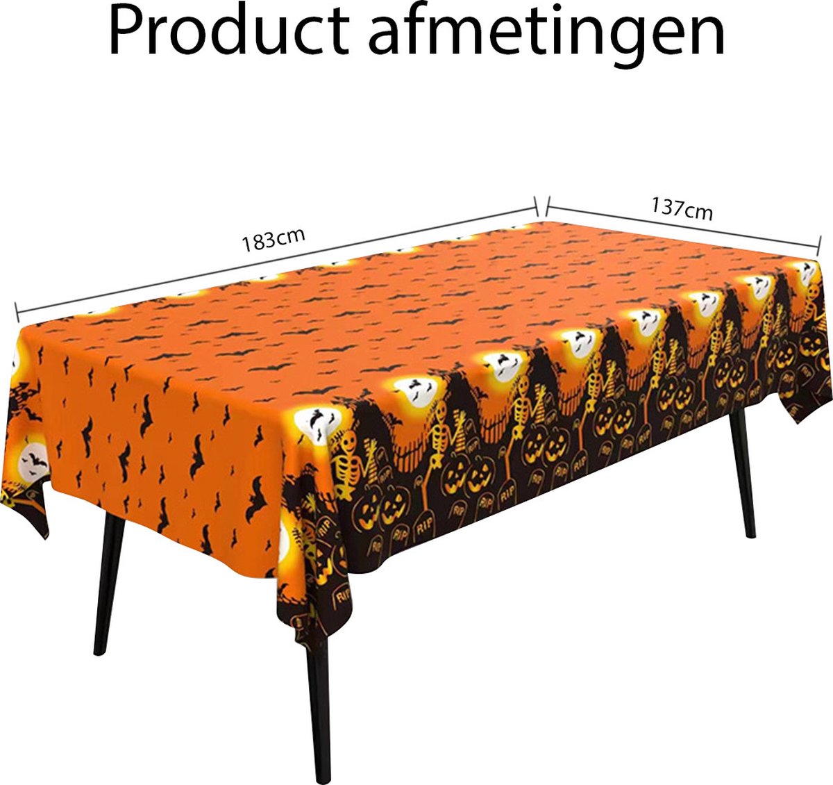 Nappe D'Halloween Rectangulaire 180 X 137 Cm - Motif Squelette Citrouille, En Polyéthylène Imperméable, Pour Décoration De Fête