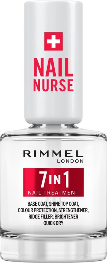 Rimmel London Nail Nurse 7 in 1 nagelbehandeling. Heldere nagellak met witte dop en rode tekst.