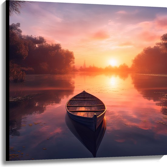 Canvas - Houten Bootje Dobberend op het Water bij Felkleurige Zonsondergang - 100x100 cm Foto op Canvas Schilderij (Wanddecoratie op Canvas)