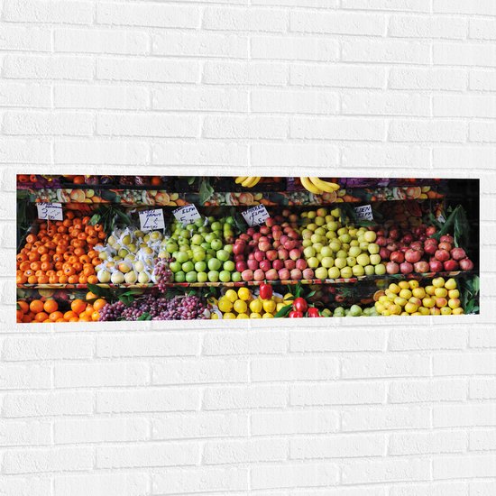 Muursticker - Kraam Vol met Verse Groentes en Fruit - 120x40 cm Foto op Muursticker