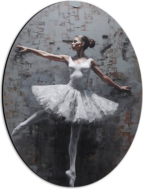 Dibond Ovaal - Muurschildering van Witte Dansende Ballerina - 30x40 cm Foto op Ovaal (Met Ophangsysteem)