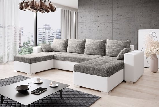 canapé d'angle Merze - salon d'angle avec fonction couchage et espace de rangement - blanc + gris - sièges et lits
