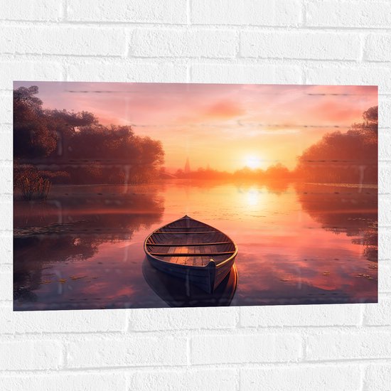 Muursticker - Houten Bootje Dobberend op het Water bij Felkleurige Zonsondergang - 75x50 cm Foto op Muursticker