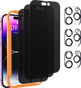 Lot de 3 – Set de protections d'écran de confidentialité iPhone 14 Pro Max : 3x Glas trempé + 3x protecteurs d'objectif d'appareil photo – Anti- Spy, 9H, angle de vision de 28°, étanche