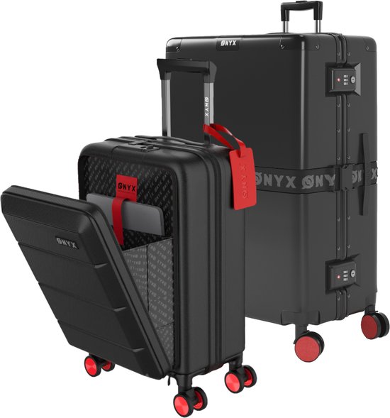 ONYX® Bagage à main avec poche avant et Valise d'enregistrement - Set valise 35L/100 L - Serrure TSA - Chariot léger - Fermeture aluminium - Zwart