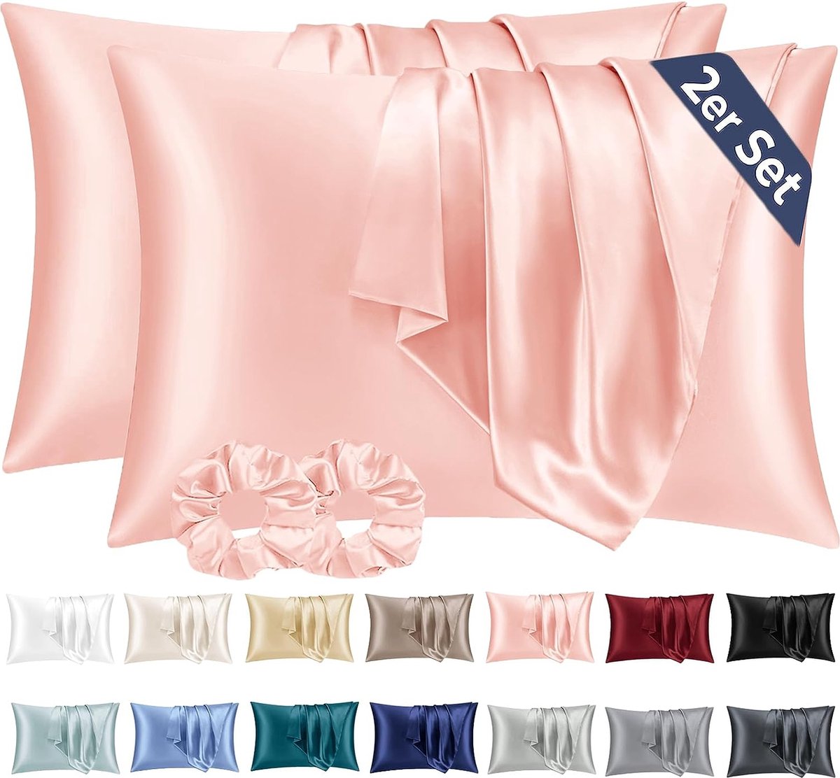 Set van 2 satijnen kussenslopen 50 x 70 cm roze zacht vergelijkbaar met zijden kussensloop premium kussenslopen voor haar en huid met 2 haarelastiekjes eco-certificaat