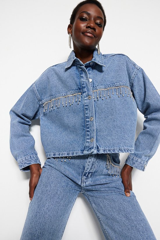 Trendyol manches Standard veste en jean courte Blauw Basis avec détail accessoire TWOSS23CE00059