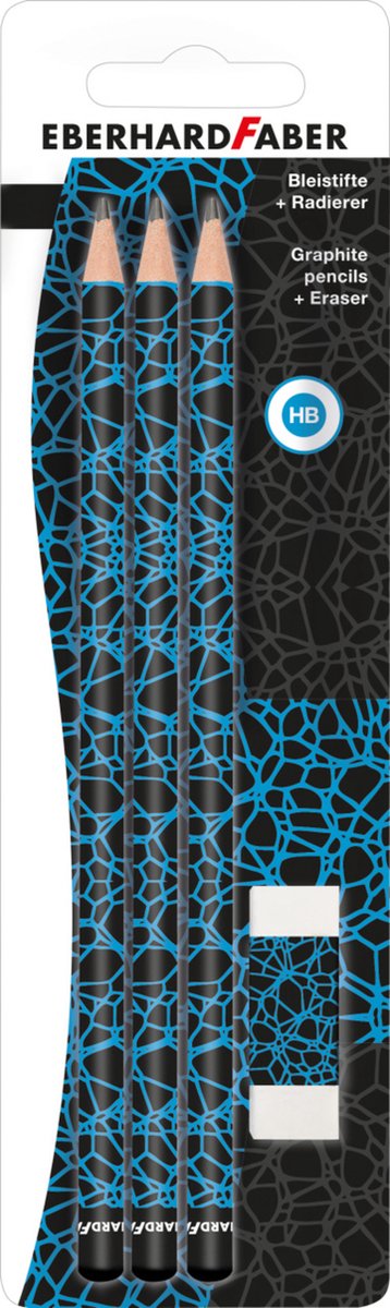 Eberhard Faber grafietpotlodenset - HB - 3 stuks en 1 gum op blister - blauw/ zwart motief - EF-511890