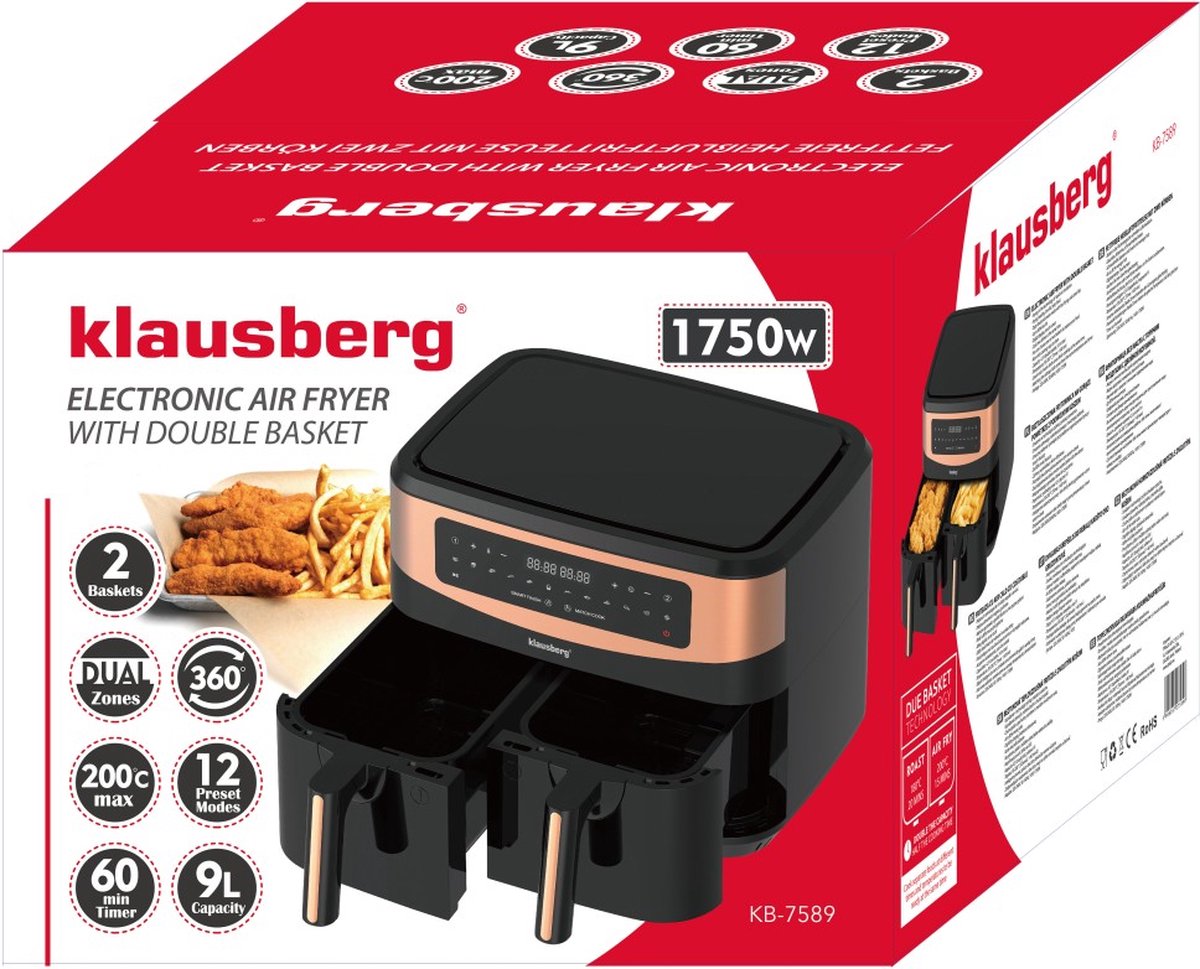 Afbeelding 3 van Klausberg 7589 - Hetelucht frituurpan - 9 Liter - met 2 manden