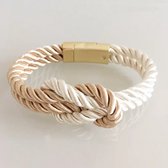 Walletstreet Yin Yang Armband – Gevlochten touw en RVS - Armbandje 19 cm Goudkleurig/Wit-voor mannen en vrouwen-Kerstcadeau-Ideale geschenk