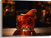 Hout - Glas - Drinken - Alcohol - Ijsklontjes - Fruit - Sinaasappel - 80x60 cm - 9 mm dik - Foto op Hout (Met Ophangsysteem)