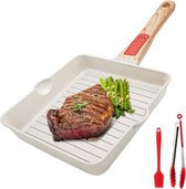 Grillpan 20 x 20 cm, steakpan, aluminium grillpan met antiaanbaklaag, twee uitlopen, afneembare handgreep, oven- en vaatwasmachinebestendig, alle soorten fornuizen (wit)